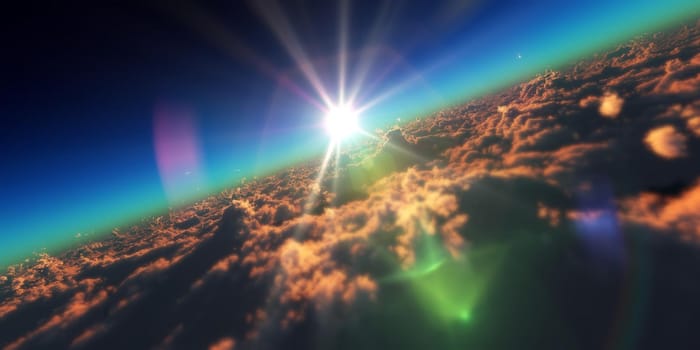 fly in above clouds sun ray, 3d render illustration