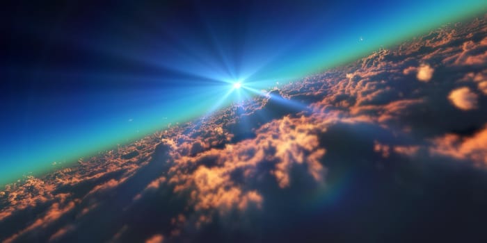 fly in above clouds sun ray, 3d render illustration