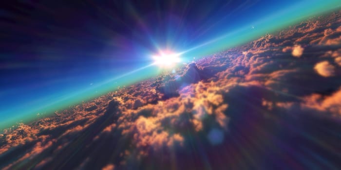 fly in above clouds sun ray, 3d render illustration