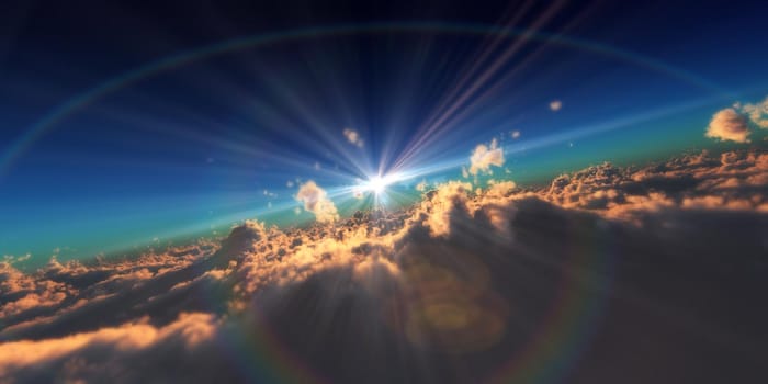 fly in above clouds sun ray, 3d render illustration