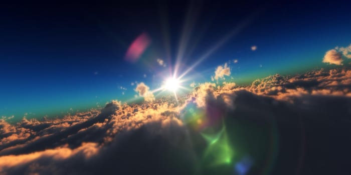 fly in above clouds sun ray, 3d render illustration