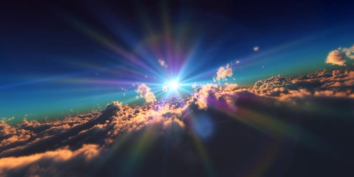 fly in above clouds sun ray, 3d render illustration