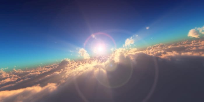 fly in above clouds sun ray, 3d render illustration