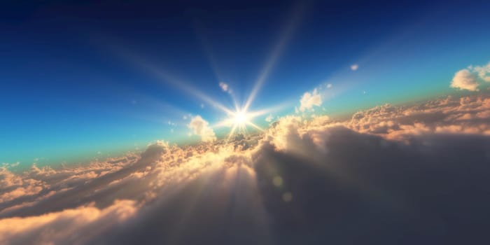 fly in above clouds sun ray, 3d render illustration