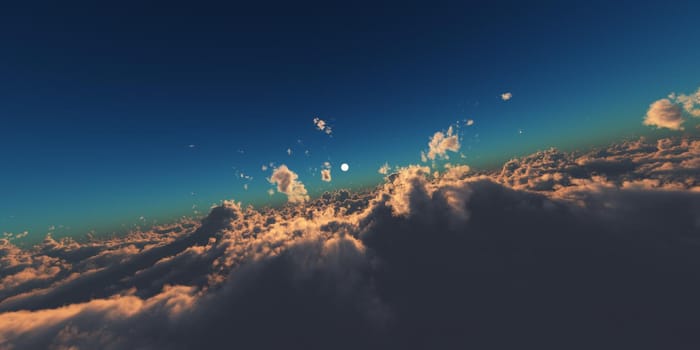 fly in above clouds sun ray, 3d render illustration