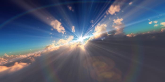 fly in above clouds sun ray, 3d render illustration