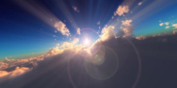 fly in above clouds sun ray, 3d render illustration