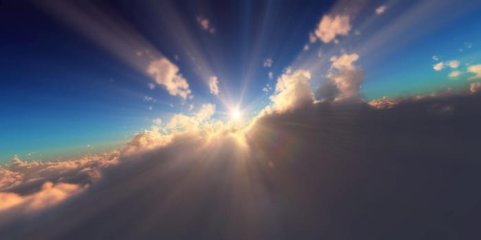 fly in above clouds sun ray, 3d render illustration