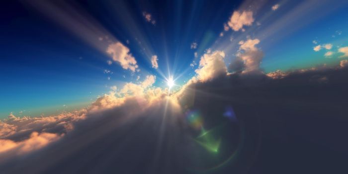 fly in above clouds sun ray, 3d render illustration