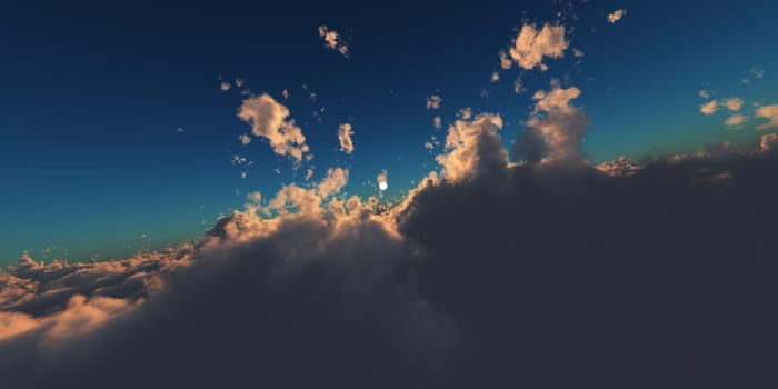 fly in above clouds sun ray, 3d render illustration