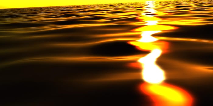 ocean sunset macro, sun light in water, 3d render illustration