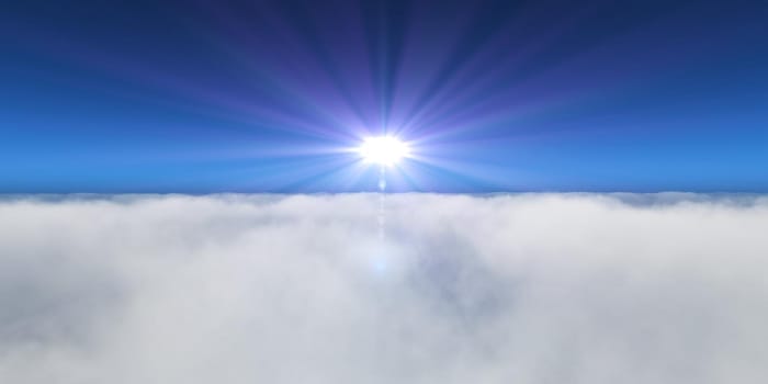 fly above clouds sun ray light, 3d render illustration
