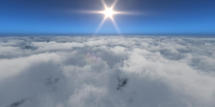 fly above clouds sun ray light, 3d render illustration