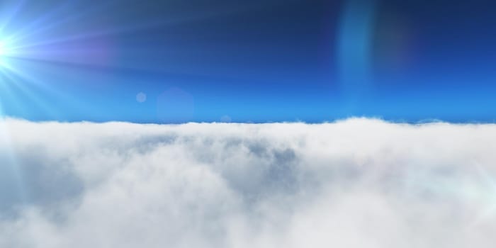 fly above clouds sun ray light, 3d render illustration