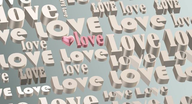 Gold multi words LOVE on pastel green background, 3D pink heart. Valentines, Love, party invitation, mothers day, 8th March, wedding, greeting card. Place for text. Elegant pink love design. 3D render