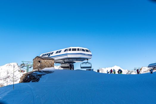 Ordino Arcalis, Andorra: January 2021: People skiing in the Ordino Arcalis by Grandvalira Pyrenees station in winter 2021