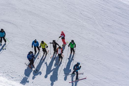 Ordino Arcalis, Andorra: January 2021: People skiing in the Ordino Arcalis by Grandvalira Pyrenees station in winter 2021