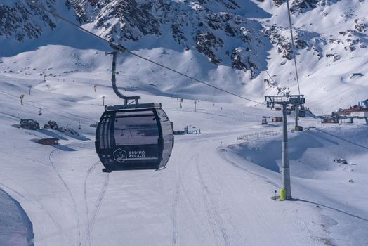Ordino Arcalis, Andorra: January 2021: Gondola lift in the Ordino Arcalis by Grandvalira Pyrenees station in winter 2021