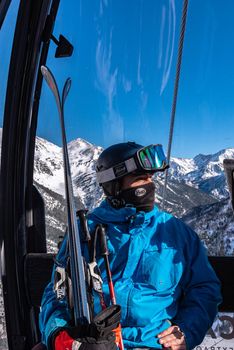 Ordino Arcalis, Andorra: January 2021: People skiing in the Ordino Arcalis by Grandvalira Pyrenees station in winter 2021