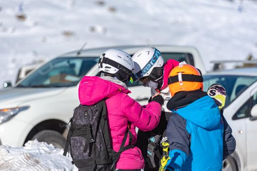 Grandvalira, Andorra: January 2021: People skiing in the Grandvalira Pyrenees station in winter 2021