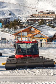Grandvalira, Andorra: 2021 January 17: Prinoth Snow Groomers  from the Grandvalira ski resort in El Tarter Andorra in time of COVID19 in winter 2021.