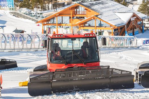 Grandvalira, Andorra: 2021 January 17: Prinoth Snow Groomers  from the Grandvalira ski resort in El Tarter Andorra in time of COVID19 in winter 2021.