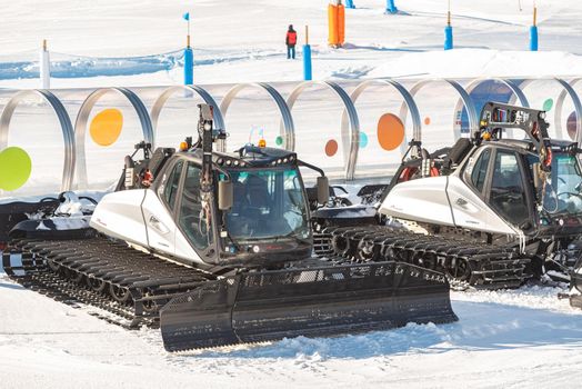 Grandvalira, Andorra: 2021 January 17: Prinoth Snow Groomers  from the Grandvalira ski resort in El Tarter Andorra in time of COVID19 in winter 2021.