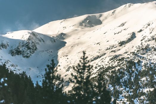 Mountain in the Grandvalira ski station in Andorra in times of covid19 in winter 2020.