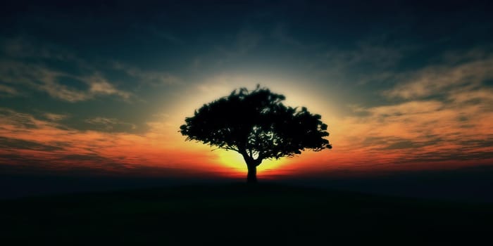tree on the filed sunset sky, 3d render illustration