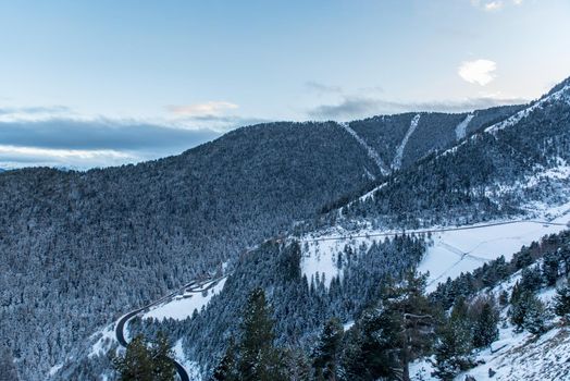 Arinsal, Andorra: 2020 December 7: Sunset at the Ski Vallnord Pal - Arinsal resort in winter with snow.