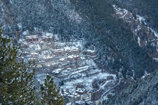 Cityscape of Arinsal, La Massana, Andorra in winter.