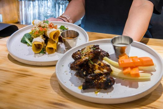 Arinsal, Andorra: 2020 December 2: Typical Mexican dishes on the bar of a restaurant in winter 2020.