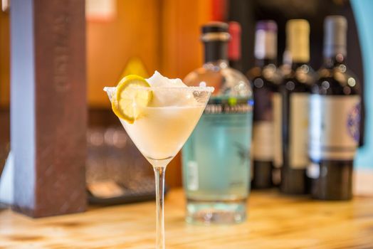 Arinsal, Andorra: 2020 December 02: Frozen lemon margarita in a Mexican restaurant in Andorra in Winter 2020.