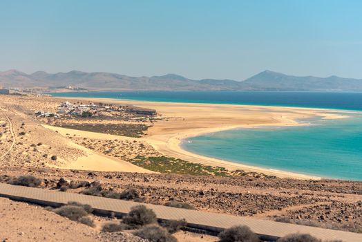 View at Playa de Sotavento, Fuerteventura in Spain in summer.