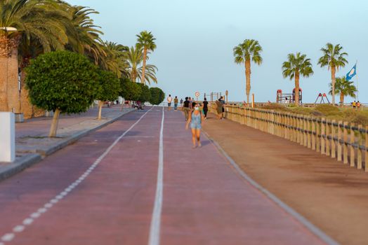 Morro Jable, Fuerteventura, Spain: 2020 October 08: People walking in the time of COVID 19 Morro Jable on the Island of Fuerteventura in Spain in the summer of 2020.