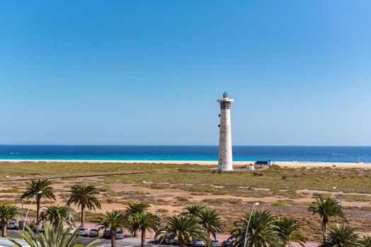 Lighthouse on the Island of Fuerteventura in Spain in the summer of 2020.