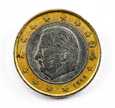 photograph of a one euro coin on a white background