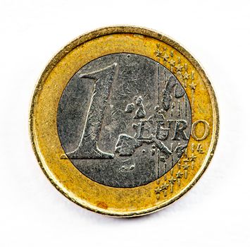photograph of a one euro coin on a white background