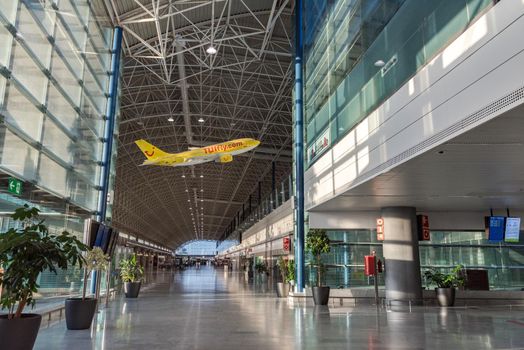 Puerto del Rosario, Fuerteventura, Canary Islands, Spain : October 9, 2020 : Interior of the Fuerteventura International Airport empty due to the covid pandemic . October 9, 2010 on Canary Island Fuerteventura.