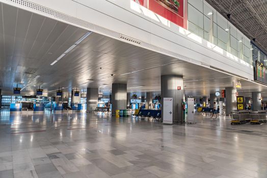 Puerto del Rosario, Fuerteventura, Canary Islands, Spain : October 9, 2020 : Interior of the Fuerteventura International Airport empty due to the covid pandemic . October 9, 2010 on Canary Island Fuerteventura.
