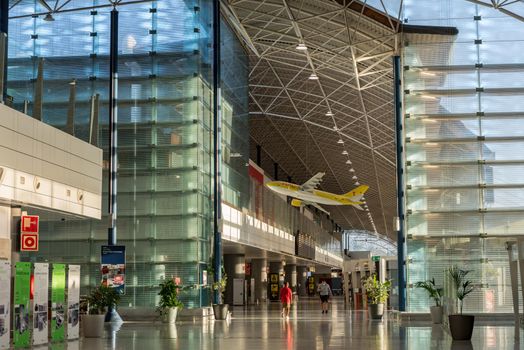 Puerto del Rosario, Fuerteventura, Canary Islands, Spain : October 9, 2020 : Interior of the Fuerteventura International Airport empty due to the covid pandemic . October 9, 2010 on Canary Island Fuerteventura.