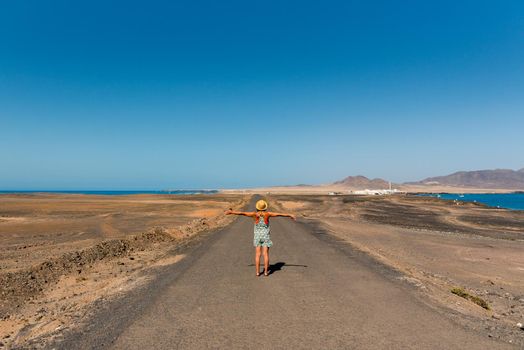 Punta Jandia, Fuerteventura, Spain : 2020 October 8 : Woman in Jandia lighthouse in the South of Fuerteventura,Canary Islands,Spain.