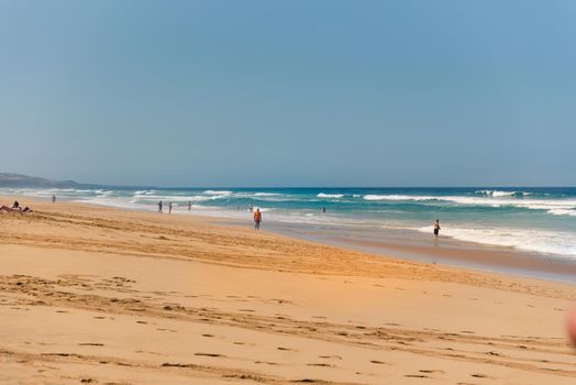 Fuerteventura, Spain : 2020 October 7 : People in the Virgin beaches on the island of Fuerteventura. Cofete beach on the island of Fuerteventura, Spain.
