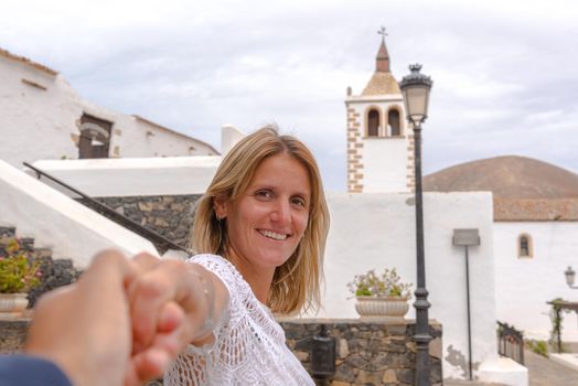 Betancuria, Fuerteventura, Spain : 2020 October 6 :  Young Blonde in Bentancuria on the island of Fuerteventura in Spain in summer.