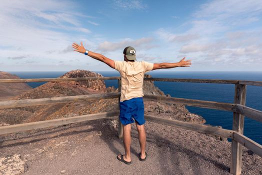 Men in the View Point in La Entallada lighthouse on the island of Fuerteventura, Spain.