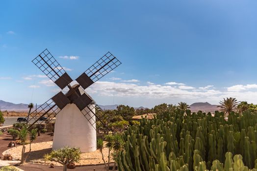 Antigua, Spain – October 4, 2020: Traditional building converted into a Majorero cheese museum, in Antigua in the inner part of Fuerteventura Island.