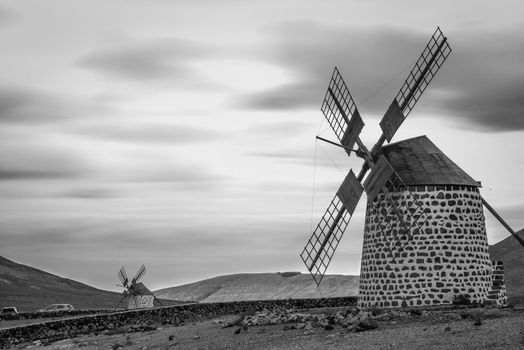 Windmills on the island of Fuerteventura in Spain.