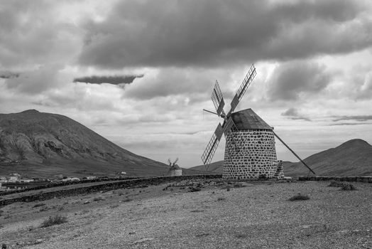 Windmills on the island of Fuerteventura in Spain.