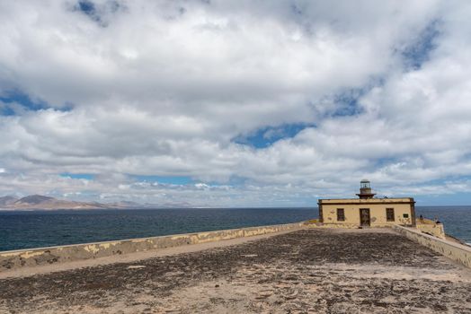 Lighthouse on Isla Lobos in Fuerteventura in summer 2020.