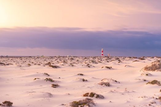 El Cotillo, Fuerteventura, Spain : 2020 October 2 : Sunset Lighthouse Faro el toston, El Cotillo, Fuerteventura, Spain in summer.